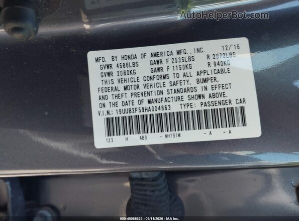 19UUB2F59HA004663 2017 ACURA TLX Gray Vista del compartimento del motor