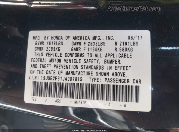 19UUB2F61JA007815 2018 ACURA TLX Black ძრავის განყოფილების ხედი
