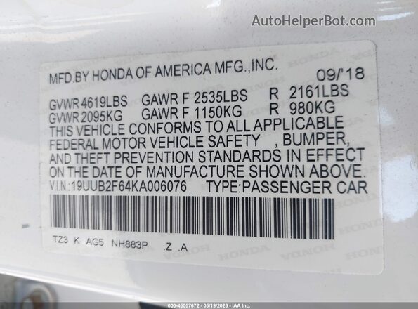 19UUB2F64KA006076 2019 ACURA TLX White Widok komory silnika