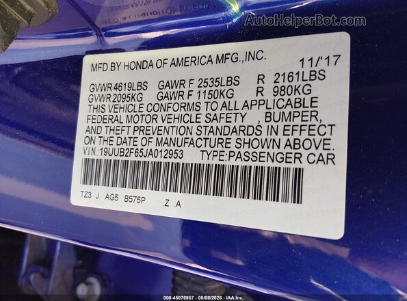 19UUB2F65JA012953 2018 ACURA TLX Blue 