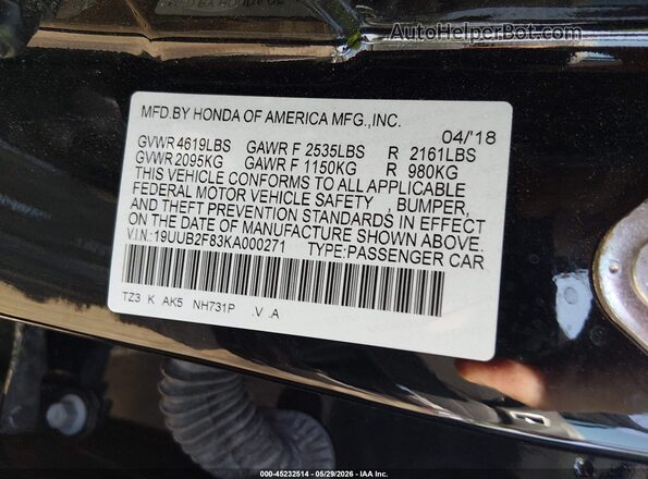 19UUB2F83KA000271 2019 ACURA TLX Black Widok komory silnika