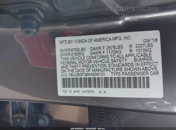 19UUB3F34KA004131 2019 ACURA TLX Gray Вид підкапотного простору