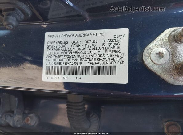 19UUB3F35KA000816 2019 ACURA TLX Blue Вид підкапотного простору