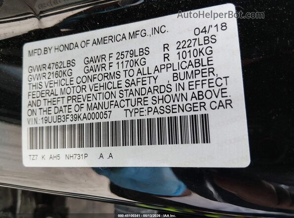 19UUB3F39KA000057 2019 ACURA TLX Black Vista del compartimento del motor