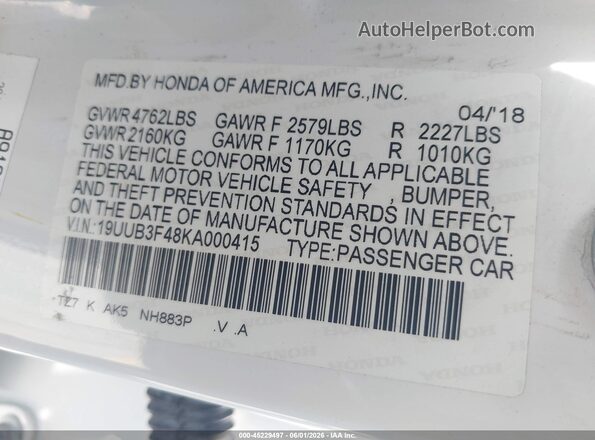 19UUB3F48KA000415 2019 ACURA TLX White Вид підкапотного простору