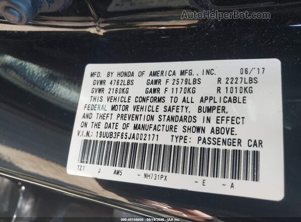 19UUB3F65JA002171 2018 ACURA TLX Black ძრავის განყოფილების ხედი