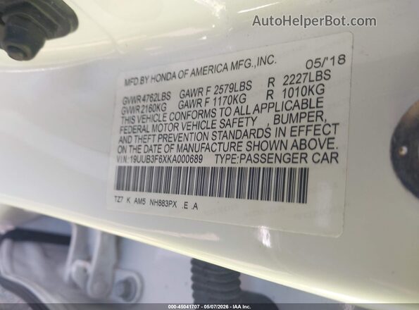 19UUB3F6XKA000689 2019 ACURA TLX White Vista del compartimento del motor