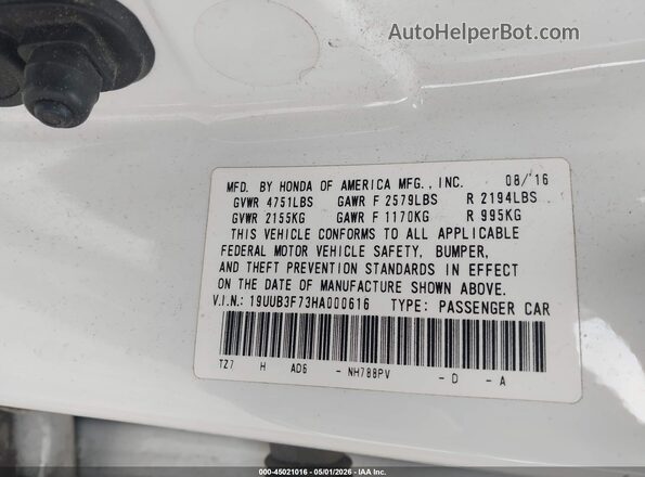 19UUB3F73HA000616 2017 ACURA TLX White Engine compartment view