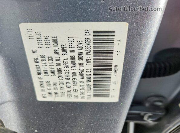 19UUB3F79HA002192 2017 ACURA TLX Серебряный Вид наклейки с VIN-кодом