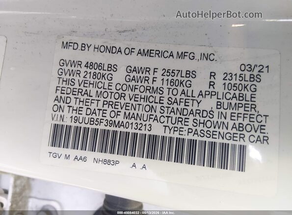 19UUB5F39MA013213 2021 ACURA TLX Белый Вид подкапотного пространства