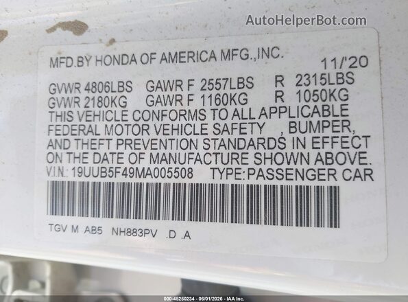 19UUB5F49MA005508 2021 ACURA TLX Белый Вид подкапотного пространства