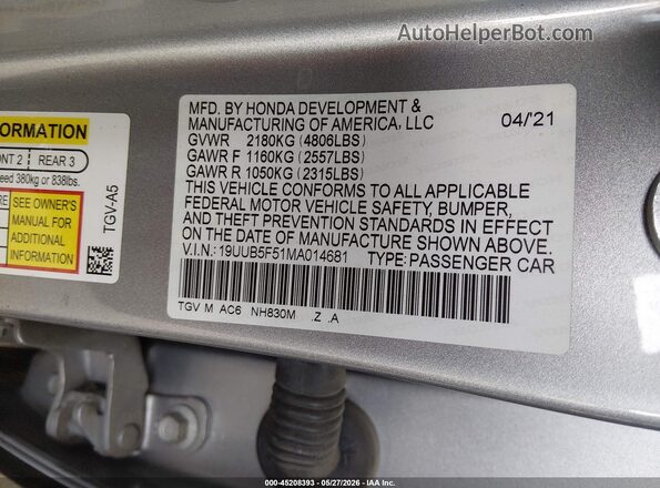 19UUB5F51MA014681 2021 ACURA TLX Silver ძრავის განყოფილების ხედი