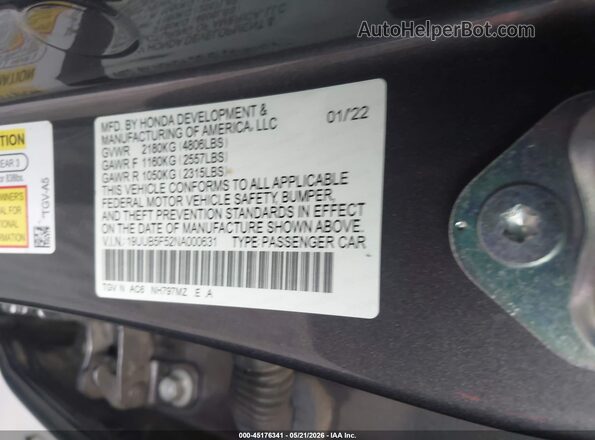 19UUB5F52NA000631 2022 ACURA TLX Gray Engine compartment view