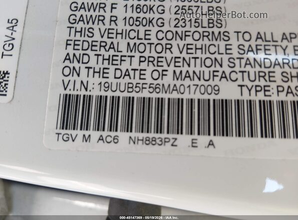 19UUB5F56MA017009 2021 ACURA TLX Белый Вид подкапотного пространства
