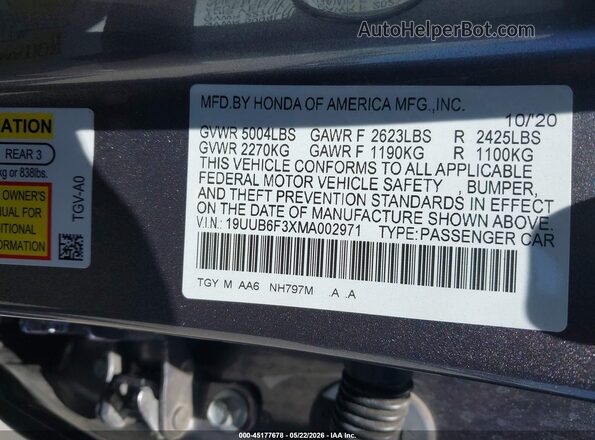 19UUB6F3XMA002971 2021 ACURA TLX Gray Engine compartment view