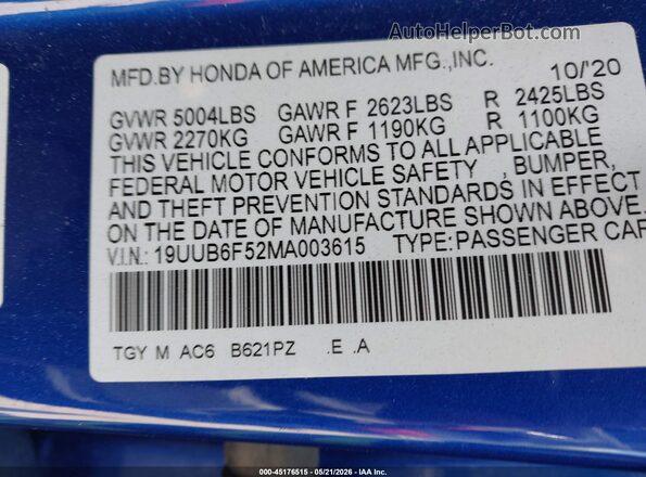 19UUB6F52MA003615 2021 ACURA TLX Blue Շարժիչի բաժամունքի տեսք