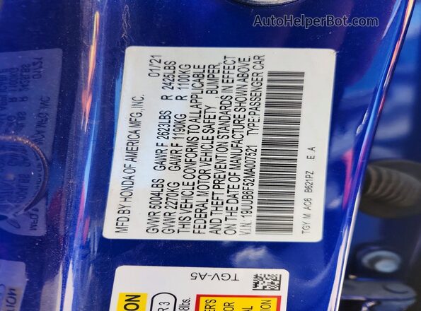 19UUB6F52MA007521 2021 ACURA TLX Blue 