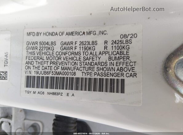 19UUB6F53MA000108 2021 ACURA TLX White Engine compartment view