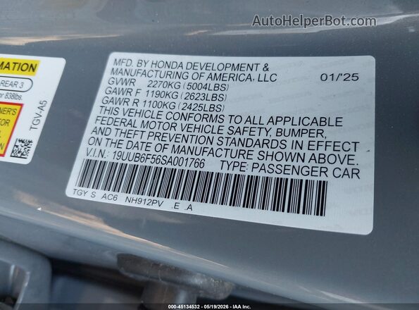 19UUB6F56SA001766 2025 ACURA TLX Gray ძრავის განყოფილების ხედი