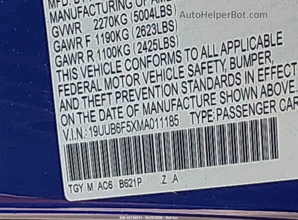 19UUB6F5XMA011185 2021 ACURA TLX Blue Շարժիչի բաժամունքի տեսք