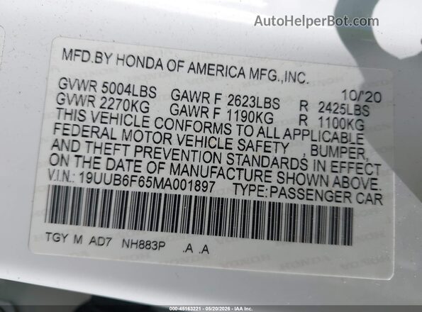 19UUB6F65MA001897 2021 ACURA TLX White Вид підкапотного простору