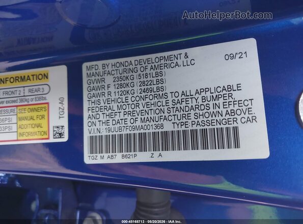 19UUB7F09MA001368 2021 ACURA TLX Blue Շարժիչի բաժամունքի տեսք