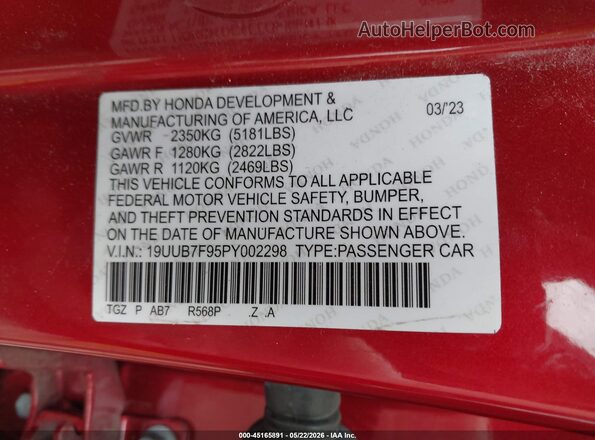 19UUB7F95PY002298 2023 ACURA TLX Red Շարժիչի բաժամունքի տեսք