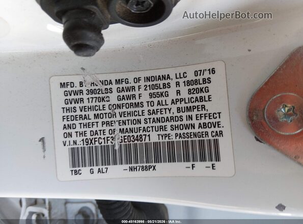 19XFC1F30GE034871 2016 HONDA CIVIC White Շարժիչի բաժամունքի տեսք