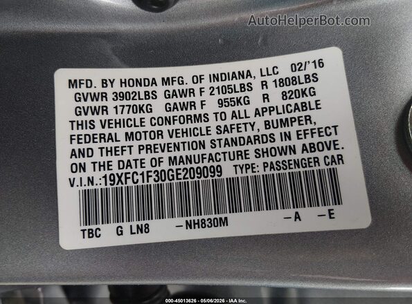 19XFC1F30GE209099 2016 HONDA CIVIC Silver Widok komory silnika
