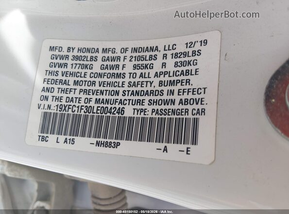 19XFC1F30LE004246 2020 HONDA CIVIC Белый Вид подкапотного пространства