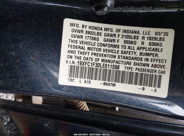 19XFC1F30LE011598 2020 HONDA CIVIC Gray Vista del compartimento del motor