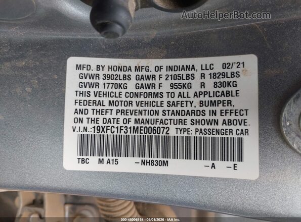 19XFC1F31ME006072 2021 HONDA CIVIC Silver Widok komory silnika