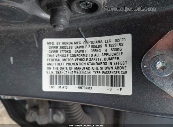 19XFC1F31ME006458 2021 HONDA CIVIC Gray Vista del compartimento del motor