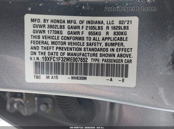 19XFC1F32ME007652 2021 HONDA CIVIC Silver Вид підкапотного простору
