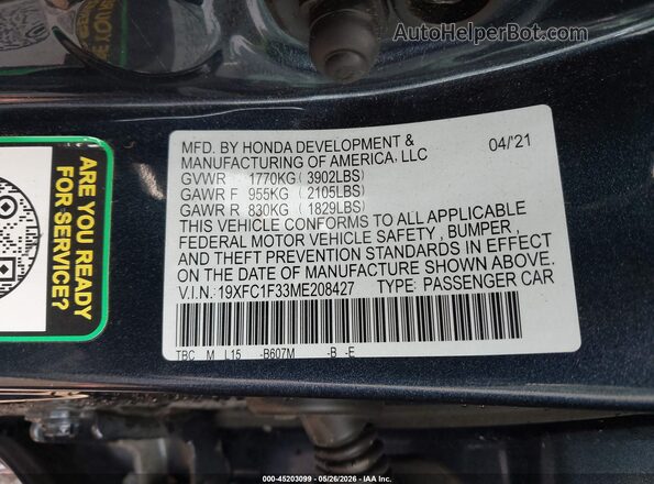 19XFC1F33ME208427 2021 HONDA CIVIC Gray Widok komory silnika