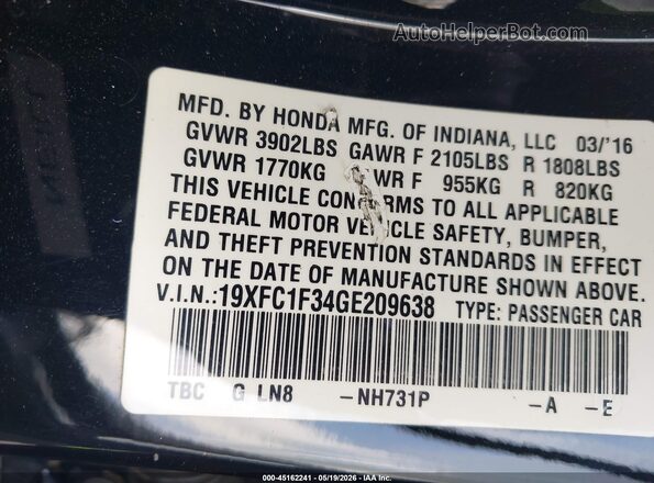 19XFC1F34GE209638 2016 HONDA CIVIC Black Vista del compartimento del motor
