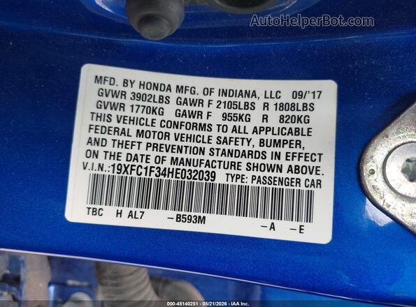 19XFC1F34HE032039 2017 HONDA CIVIC Blue Շարժիչի բաժամունքի տեսք