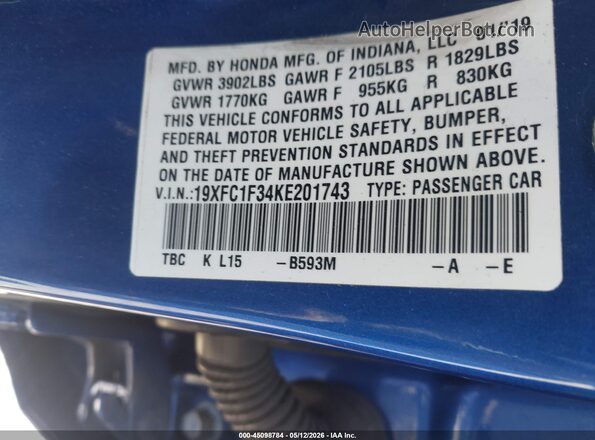 19XFC1F34KE201743 2019 HONDA CIVIC Blue Engine compartment view