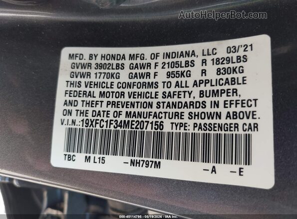 19XFC1F34ME207156 2021 HONDA CIVIC Gray 