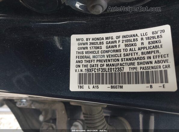 19XFC1F35LE012357 2020 HONDA CIVIC Серый Вид подкапотного пространства