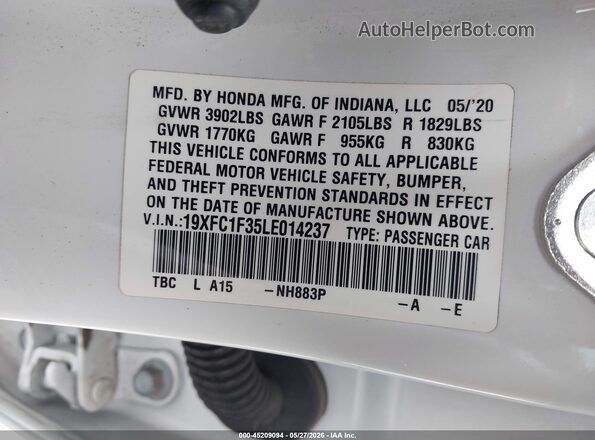 19XFC1F35LE014237 2020 HONDA CIVIC White Engine compartment view
