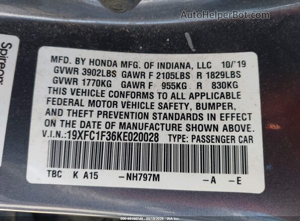 19XFC1F36KE020028 2019 HONDA CIVIC Серый Вид подкапотного пространства
