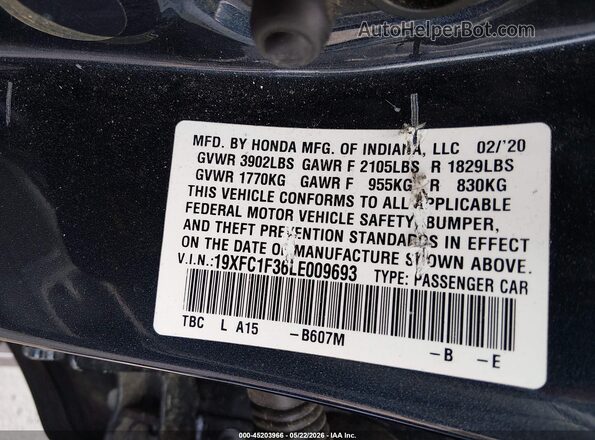 19XFC1F36LE009693 2020 HONDA CIVIC Dark Blue Engine compartment view