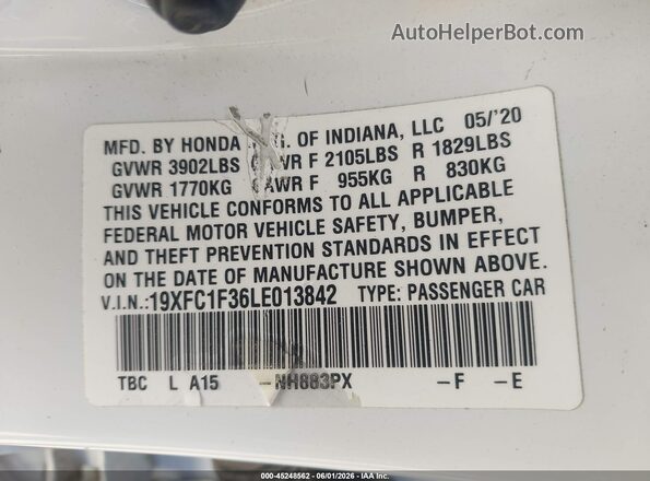 19XFC1F36LE013842 2020 HONDA CIVIC White Widok komory silnika
