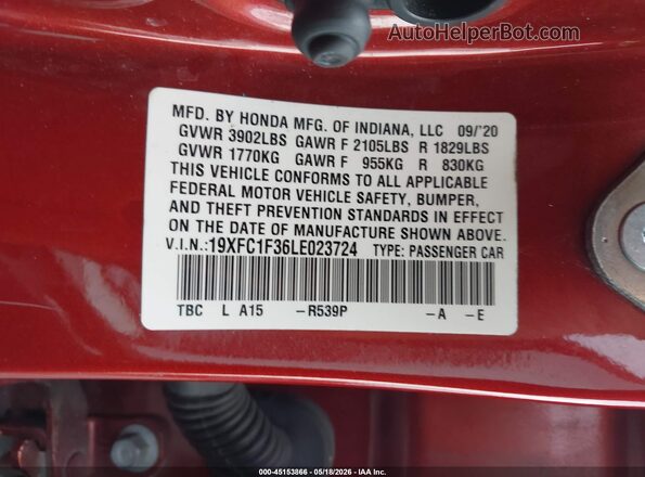 19XFC1F36LE023724 2020 HONDA CIVIC Red Vista del compartimento del motor