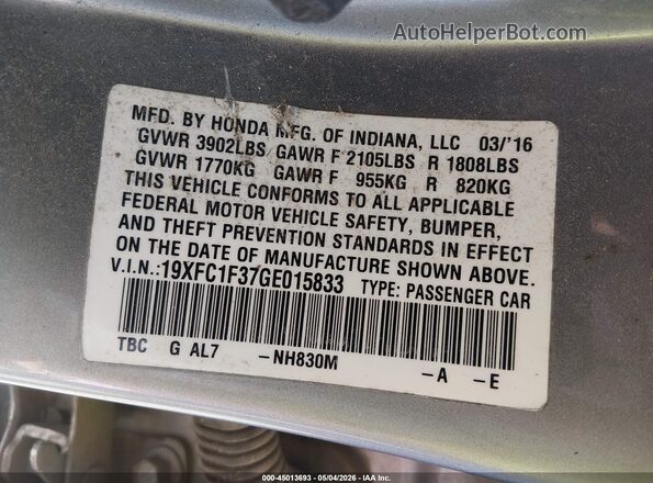 19XFC1F37GE015833 2016 HONDA CIVIC Silver Widok komory silnika