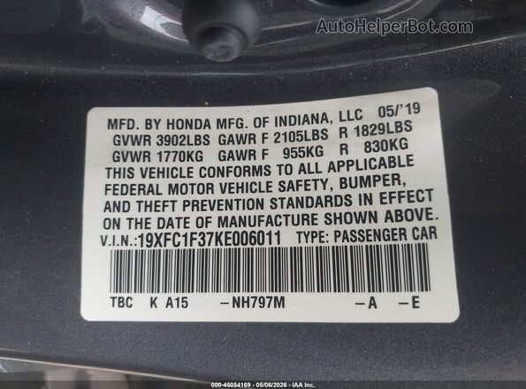 19XFC1F37KE006011 2019 HONDA CIVIC Gray Вид підкапотного простору