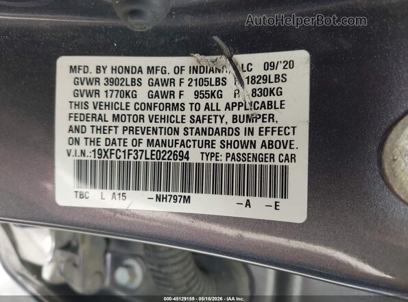 19XFC1F37LE022694 2020 HONDA CIVIC Gray Շարժիչի բաժամունքի տեսք