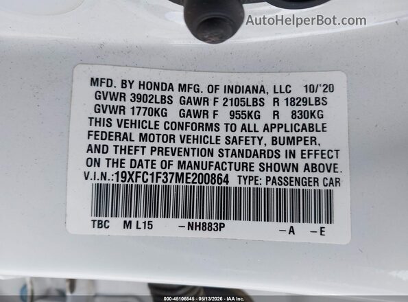 19XFC1F37ME200864 2021 HONDA CIVIC White 