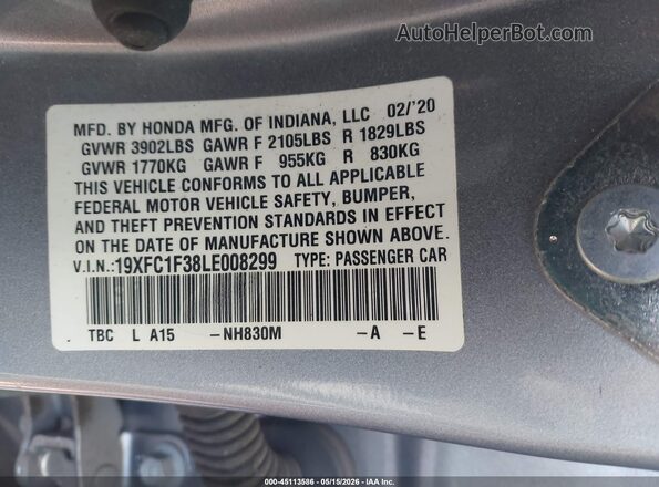 19XFC1F38LE008299 2020 HONDA CIVIC Gray 